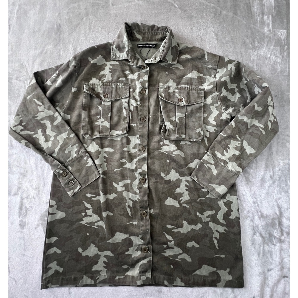 PrettyLittleThing Camo Shirt Womens 4 Green Camouflage Long Sleeve Button Up